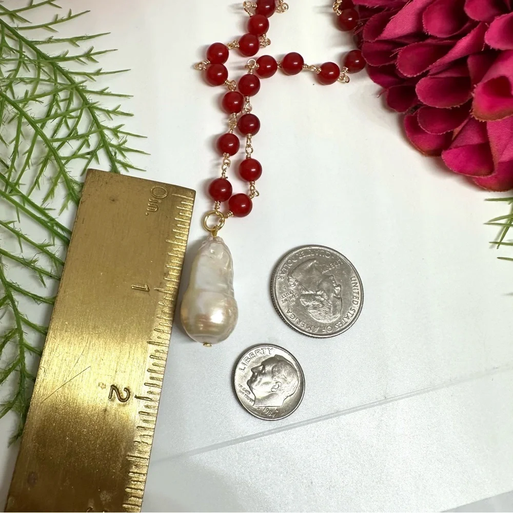 NEW⚜️Red Jade & Freshwater Pearl Handmade Necklace